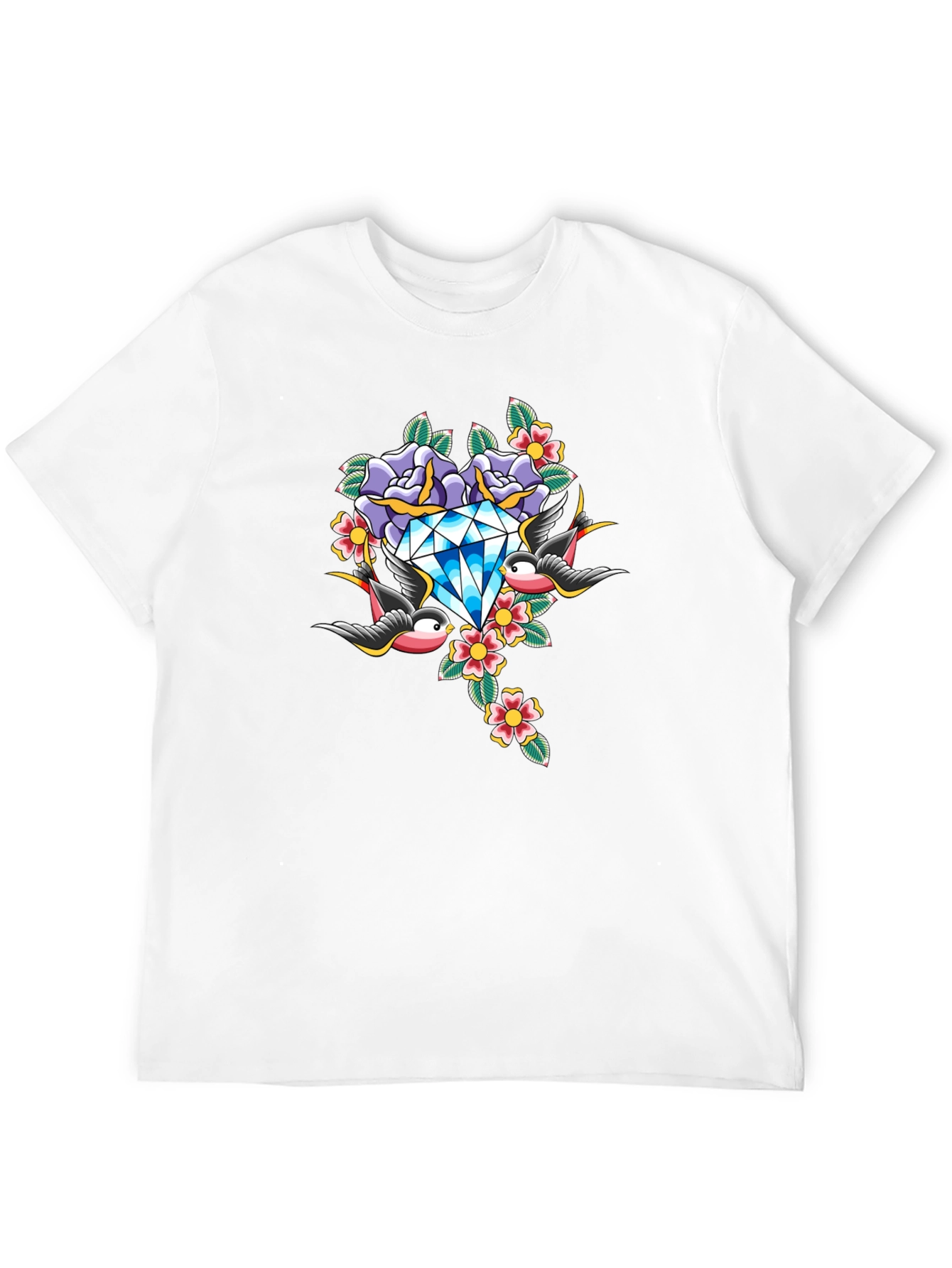 Diamond Roses and Swallows Graphic Black T-Shirt