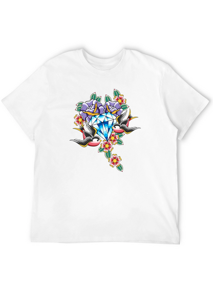 Diamond Roses and Swallows Graphic Black T-Shirt