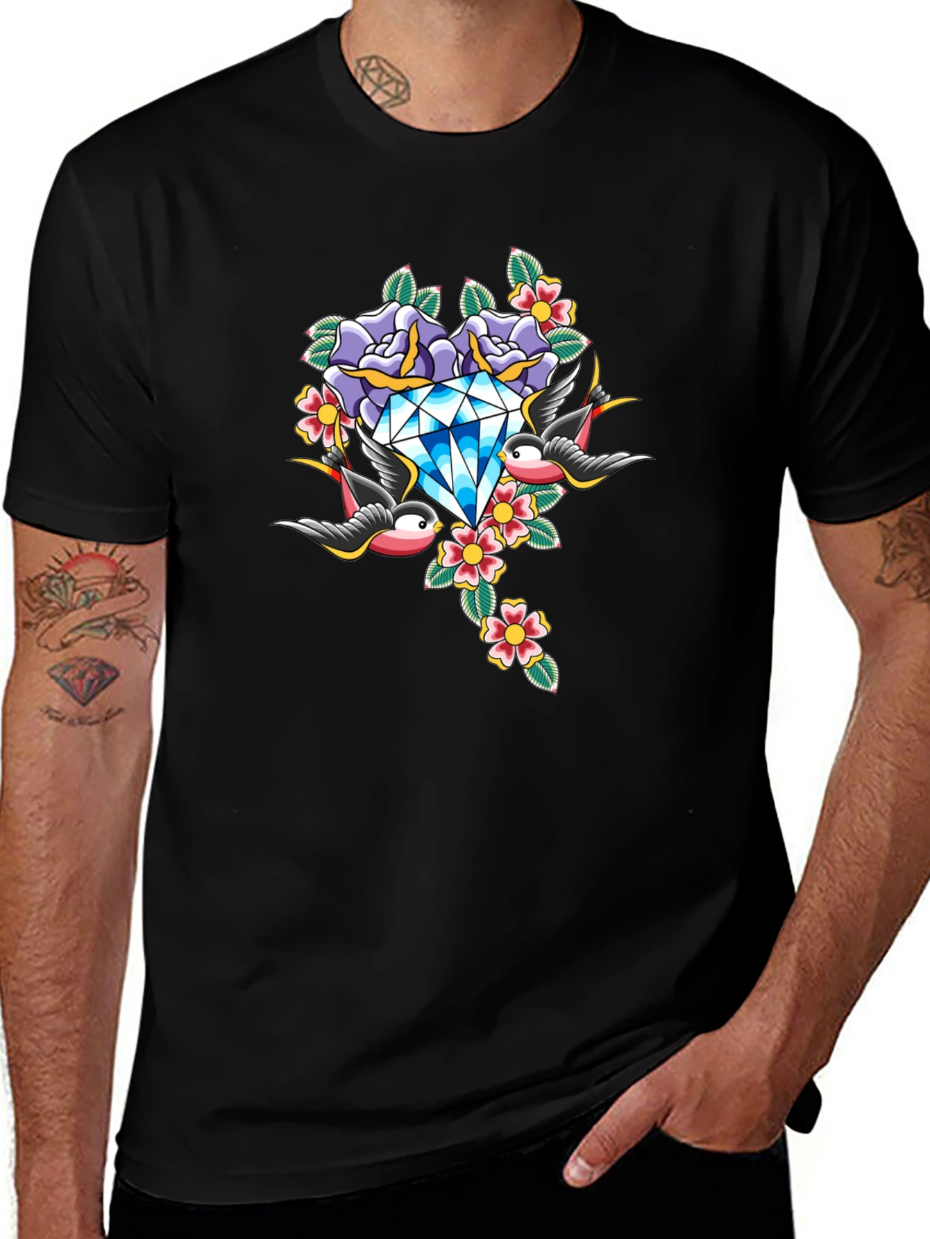 Diamond Roses and Swallows Graphic Black T-Shirt