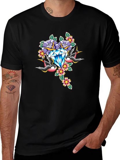Diamond Roses and Swallows Graphic Black T-Shirt