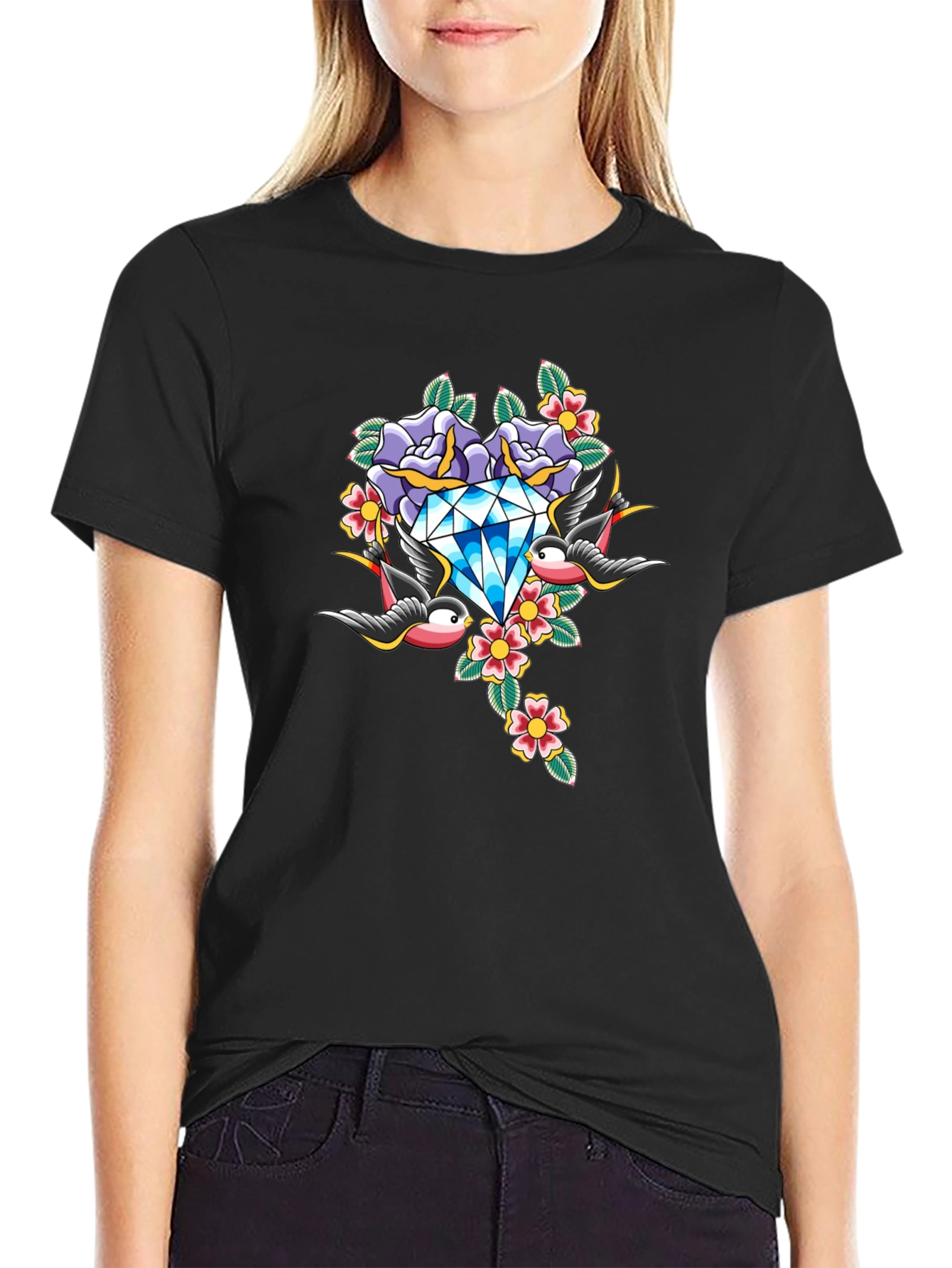 Diamond Roses and Swallows Graphic Black T-Shirt