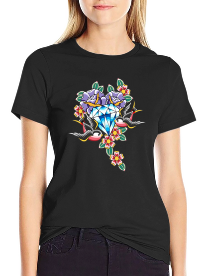 Diamond Roses and Swallows Graphic Black T-Shirt