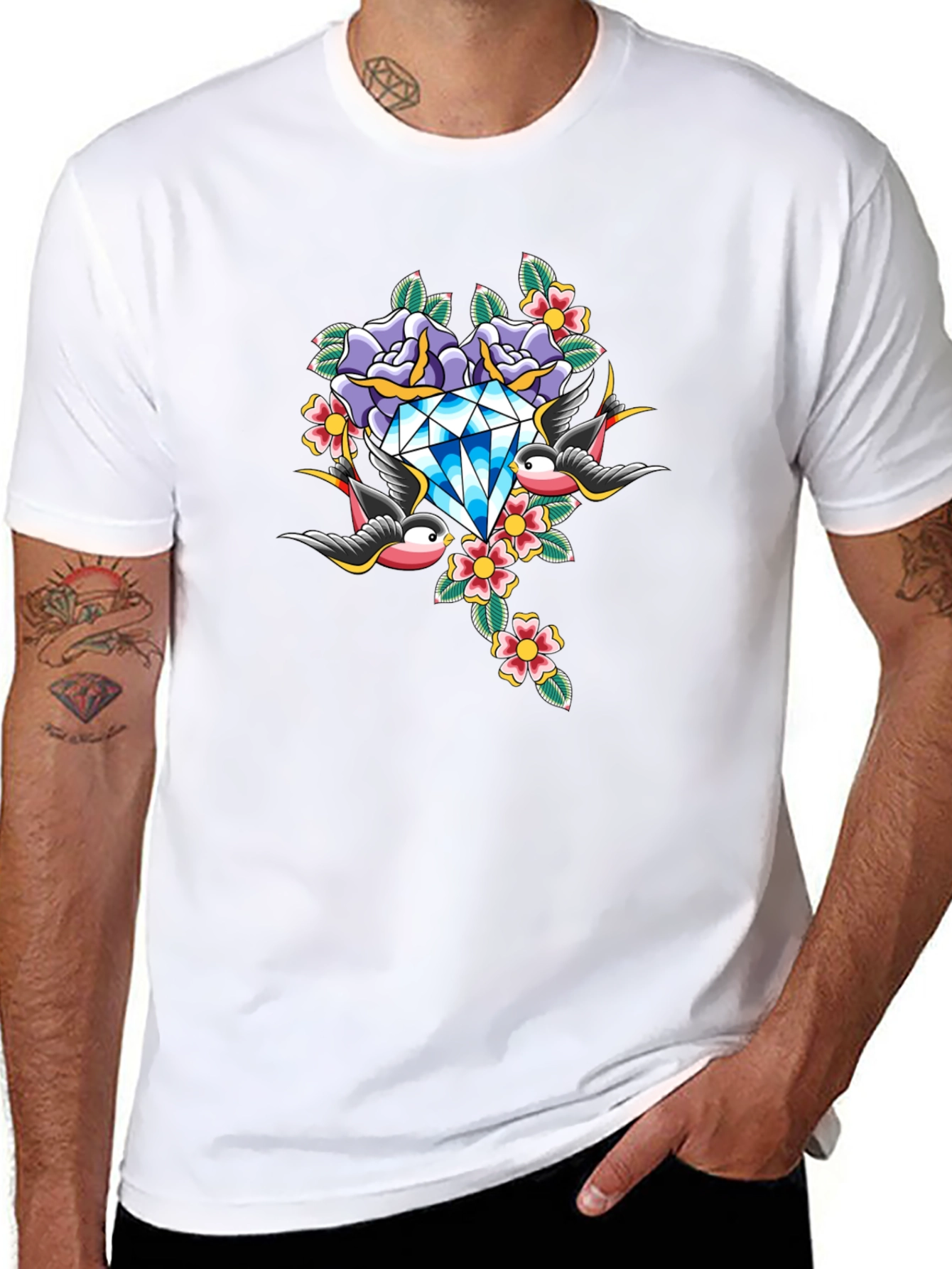 Diamond Roses and Swallows Graphic Black T-Shirt