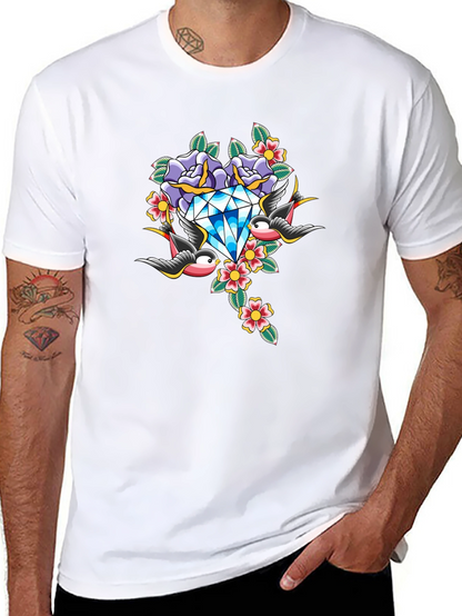 Diamond Roses and Swallows Graphic Black T-Shirt
