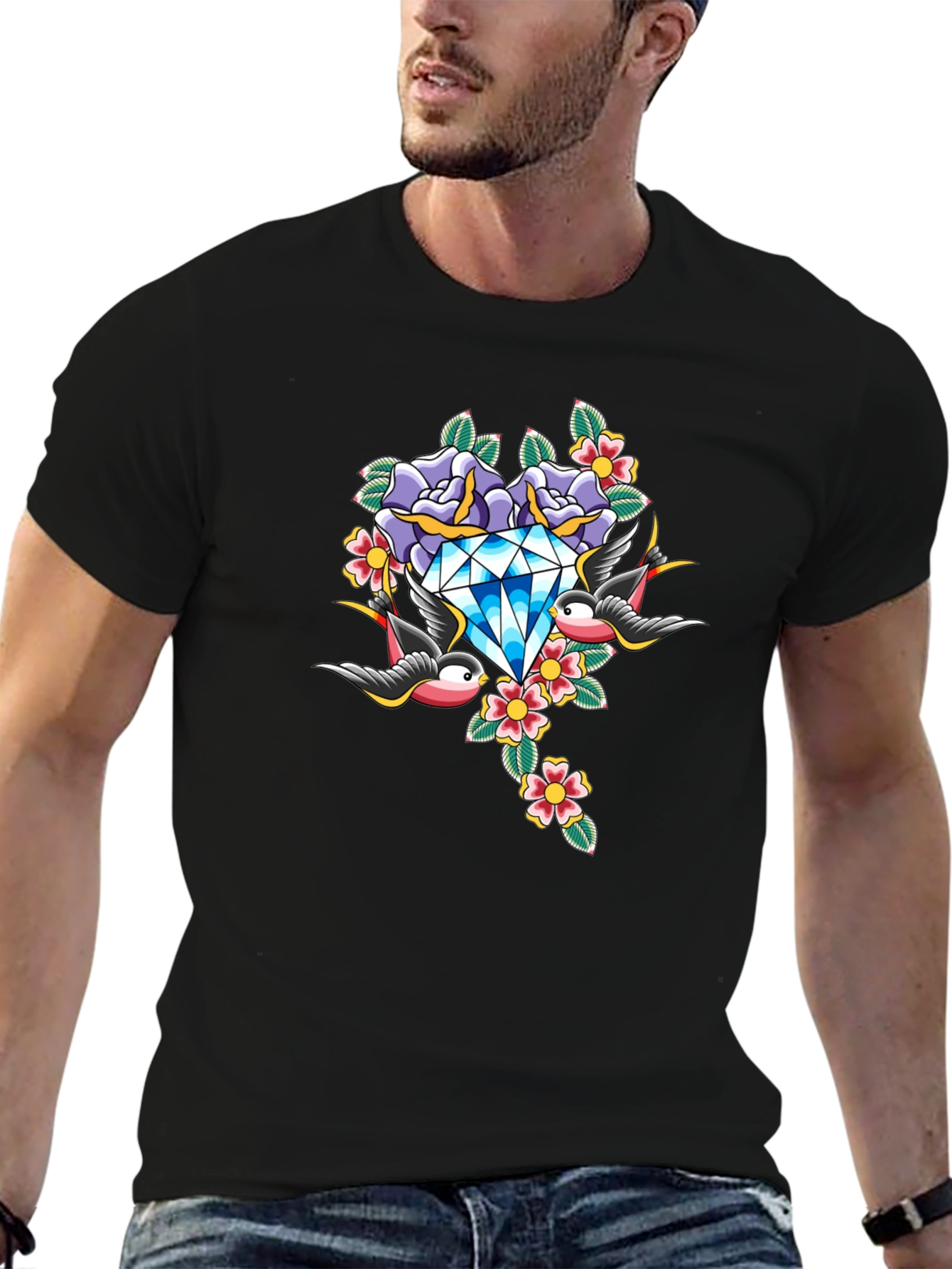 Diamond Roses and Swallows Graphic Black T-Shirt