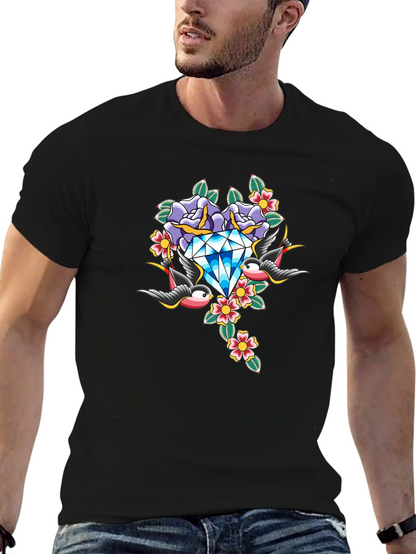 Diamond Roses and Swallows Graphic Black T-Shirt