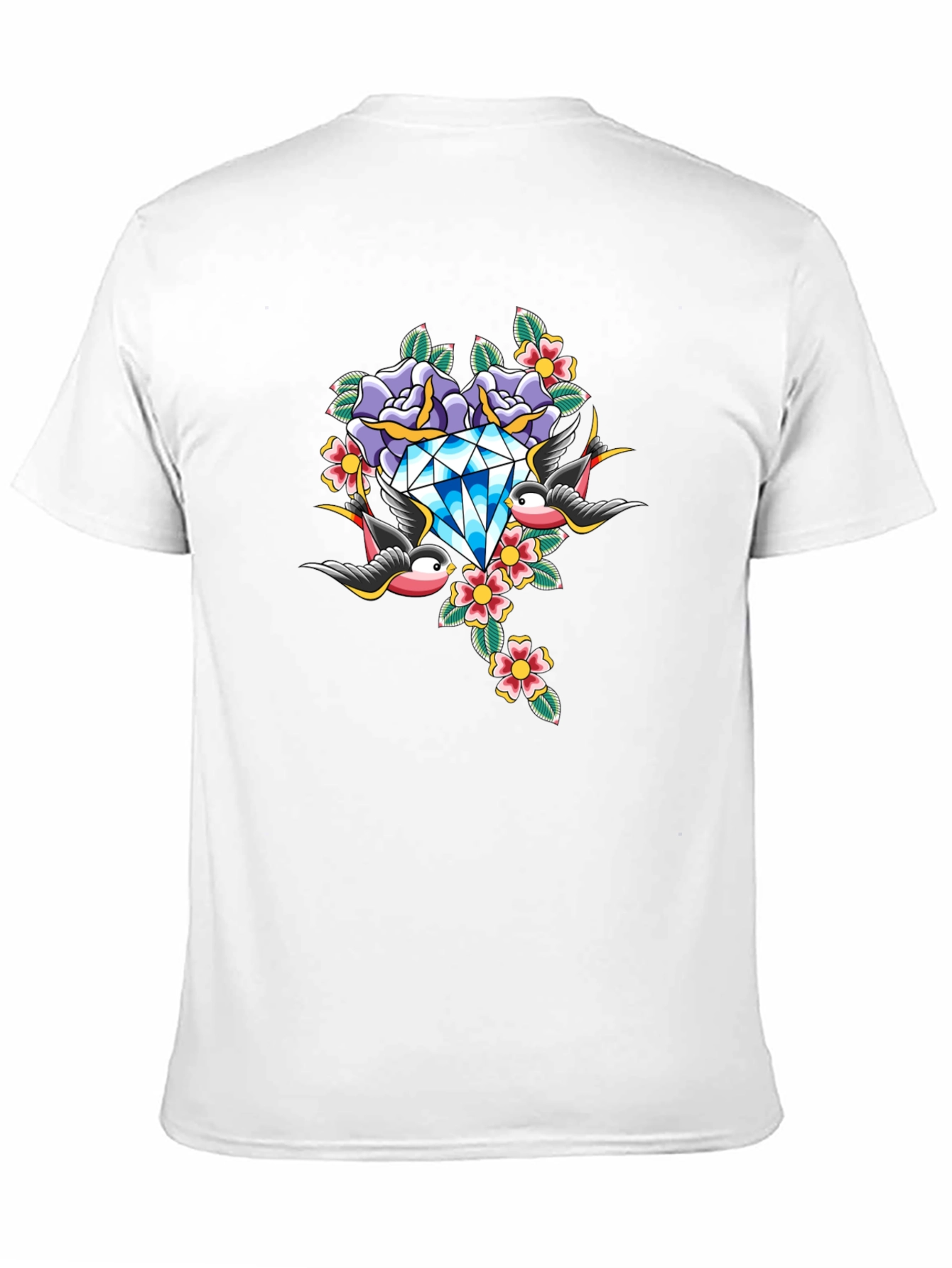 Diamond Roses and Swallows Graphic Black T-Shirt
