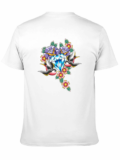 Diamond Roses and Swallows Graphic Black T-Shirt