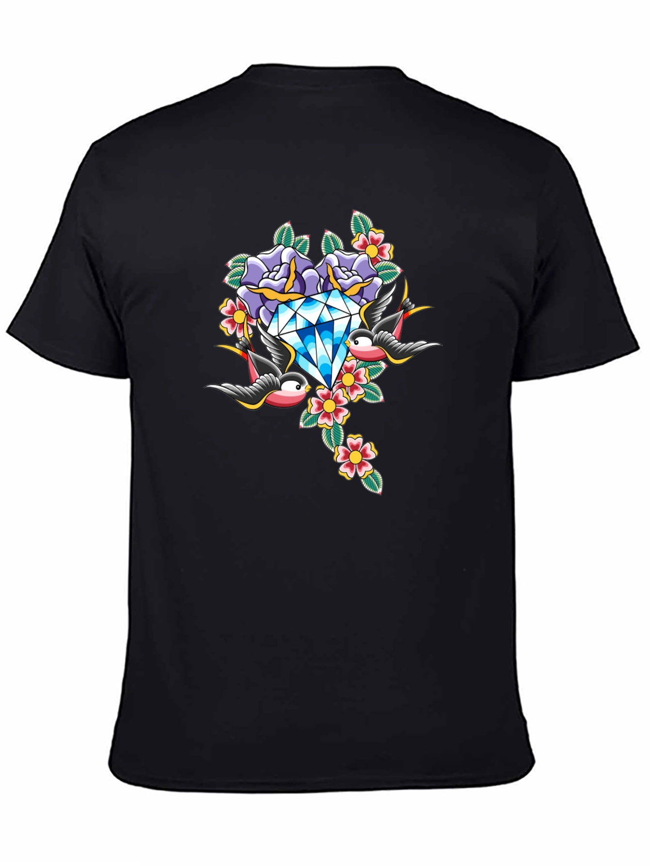 Diamond Roses and Swallows Graphic Black T-Shirt