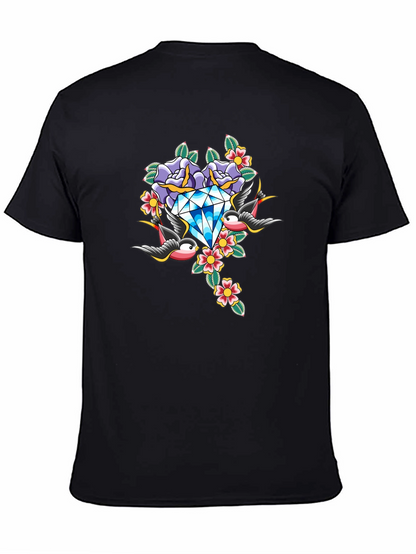 Diamond Roses and Swallows Graphic Black T-Shirt
