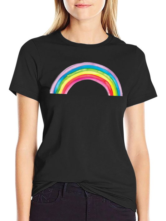 Rainbow Watercolor Graphic Tee - Black Cotton Casual Shirt
