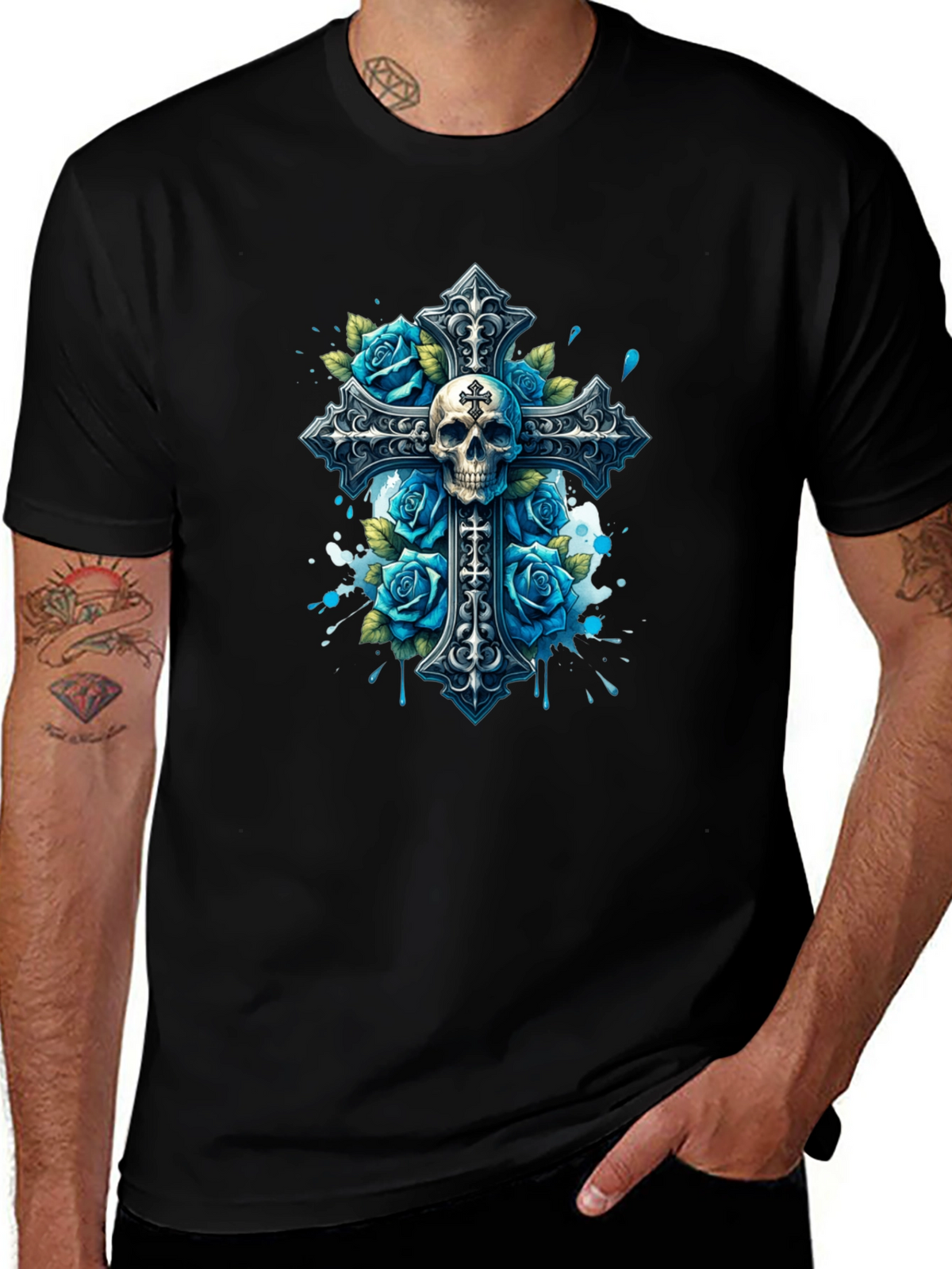 Skull & Roses Cross Graphic T-Shirt