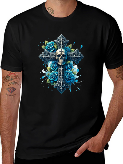 Skull & Roses Cross Graphic T-Shirt