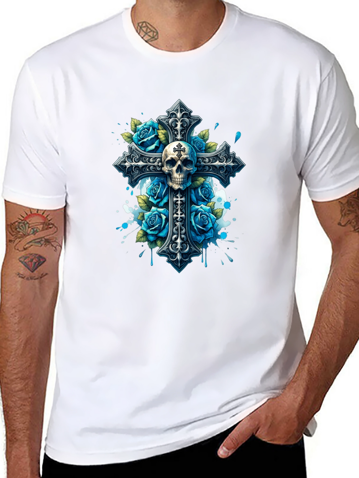 Skull & Roses Cross Graphic T-Shirt