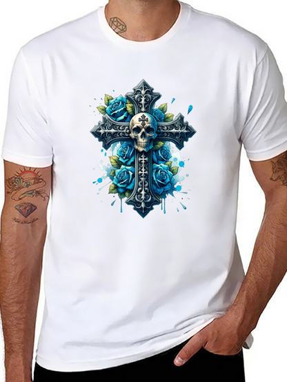 Skull & Roses Cross Graphic T-Shirt