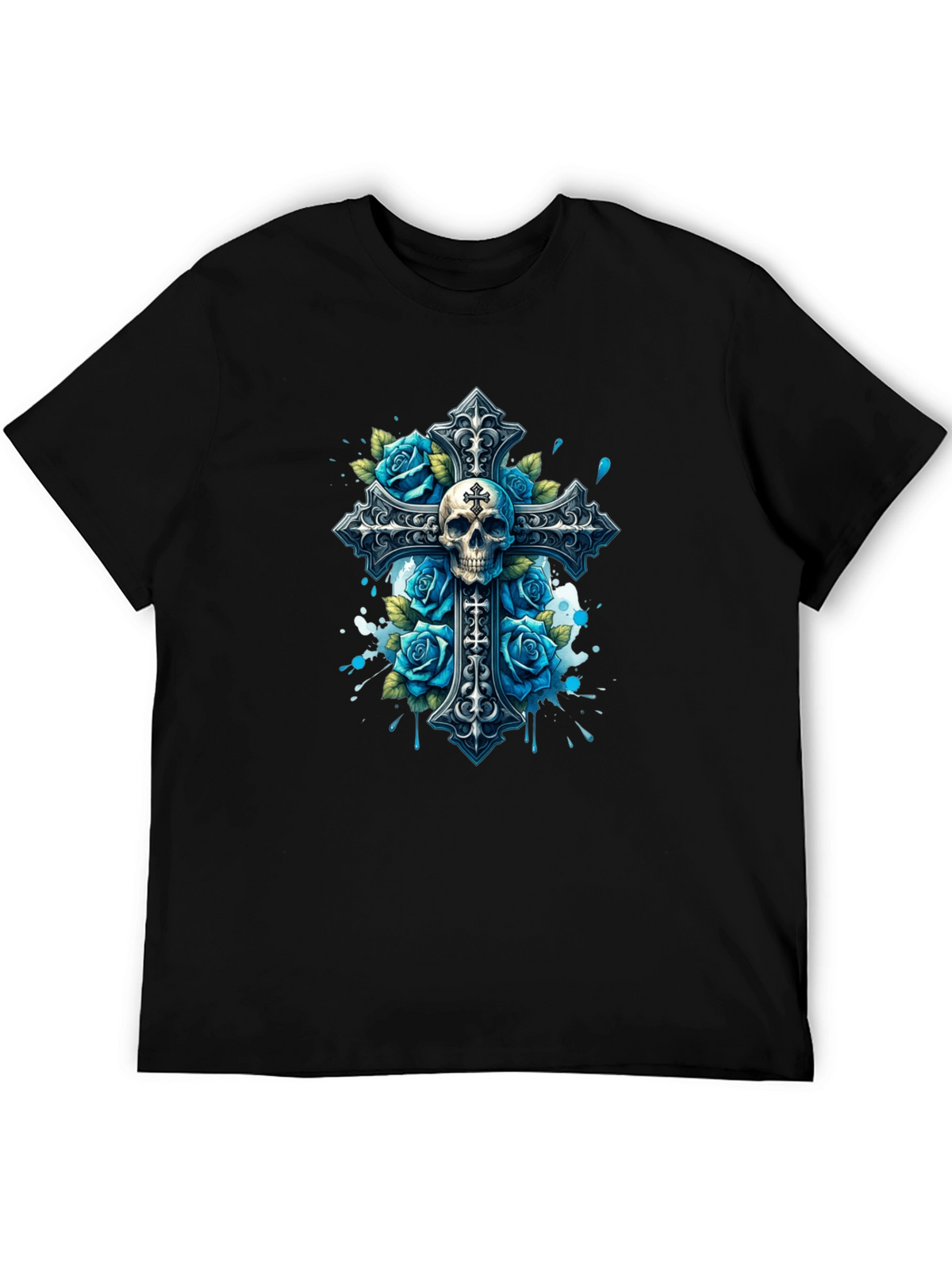 Skull & Roses Cross Graphic T-Shirt