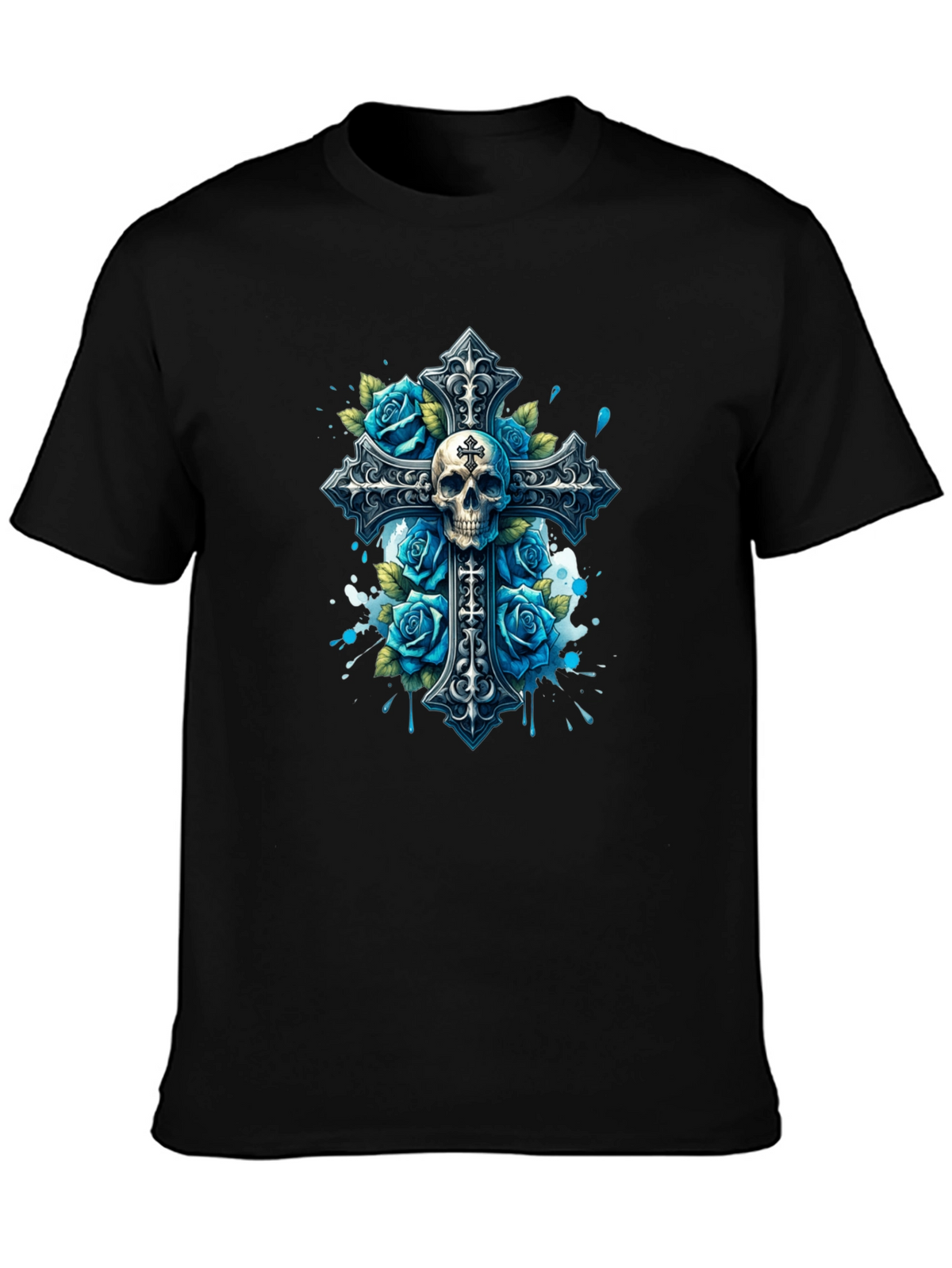 Skull & Roses Cross Graphic T-Shirt