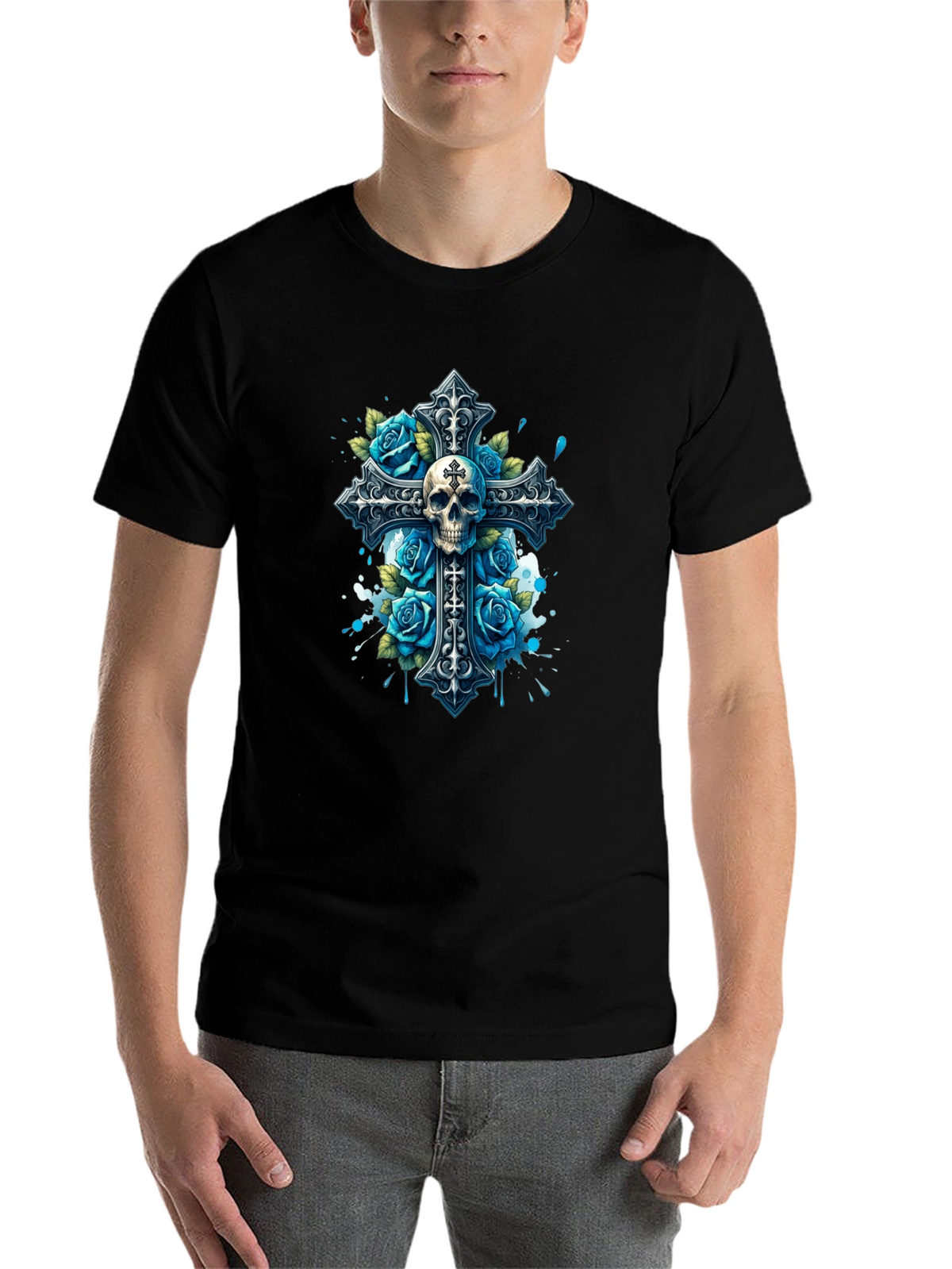Skull & Roses Cross Graphic T-Shirt