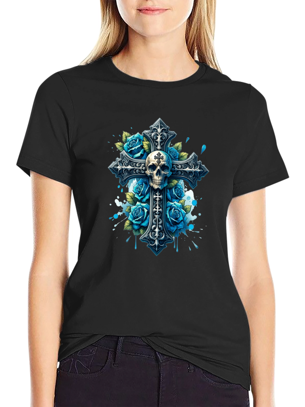 Skull & Roses Cross Graphic T-Shirt