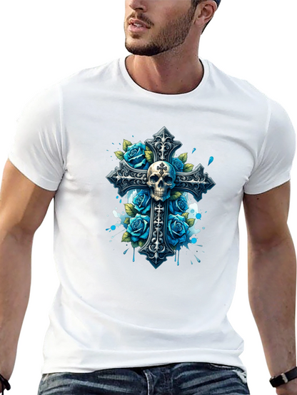 Skull & Roses Cross Graphic T-Shirt