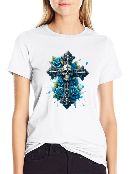 Skull & Roses Cross Graphic T-Shirt