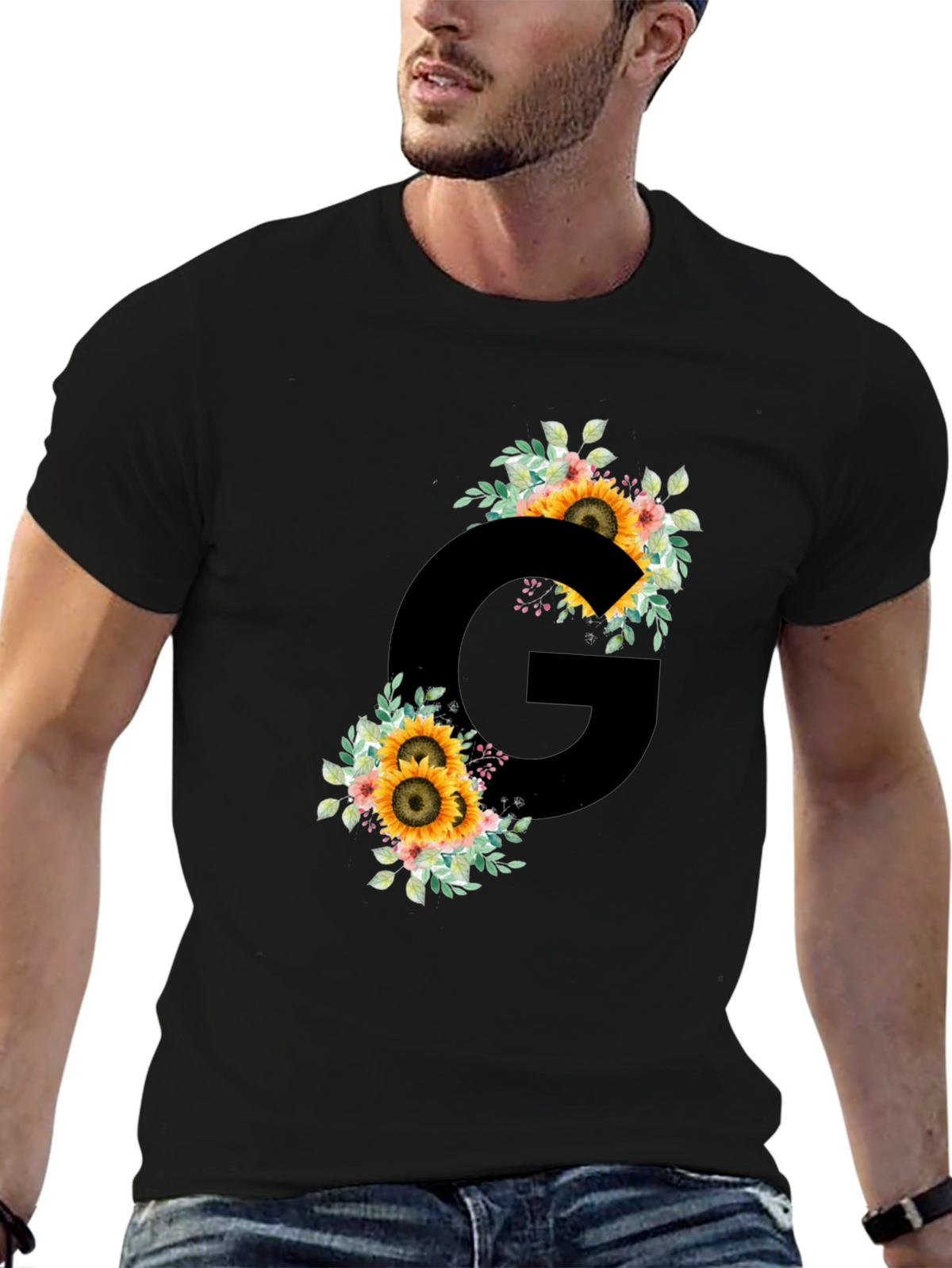 Floral Letter G Black T-Shirt