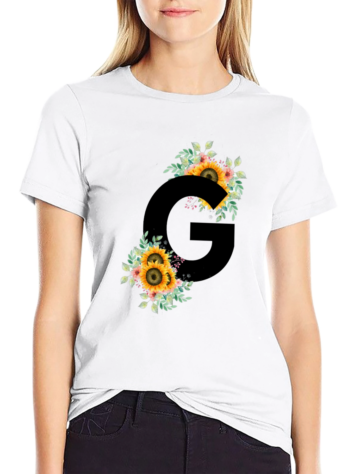 Floral Letter G Black T-Shirt