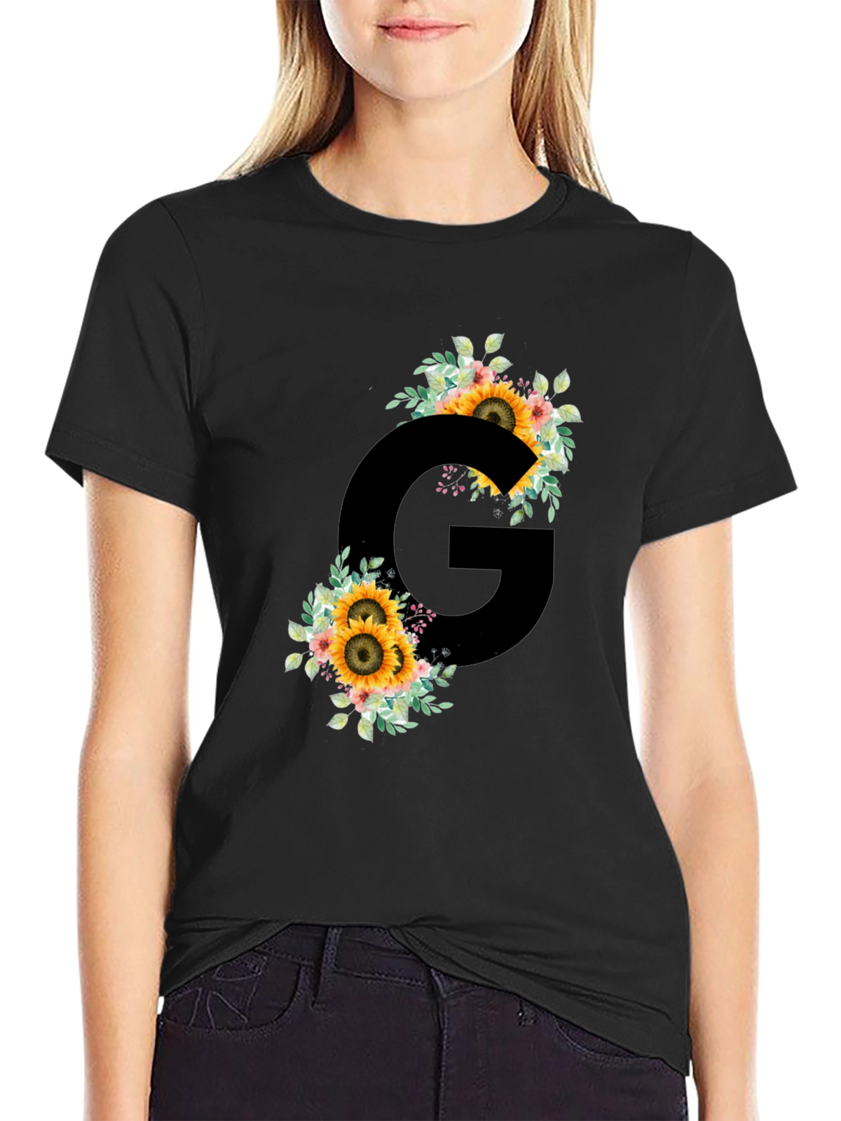 Floral Letter G Black T-Shirt