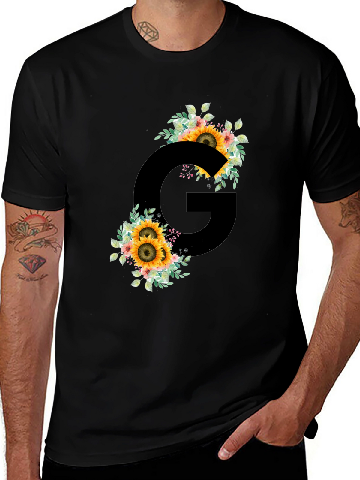 Floral Letter G Black T-Shirt