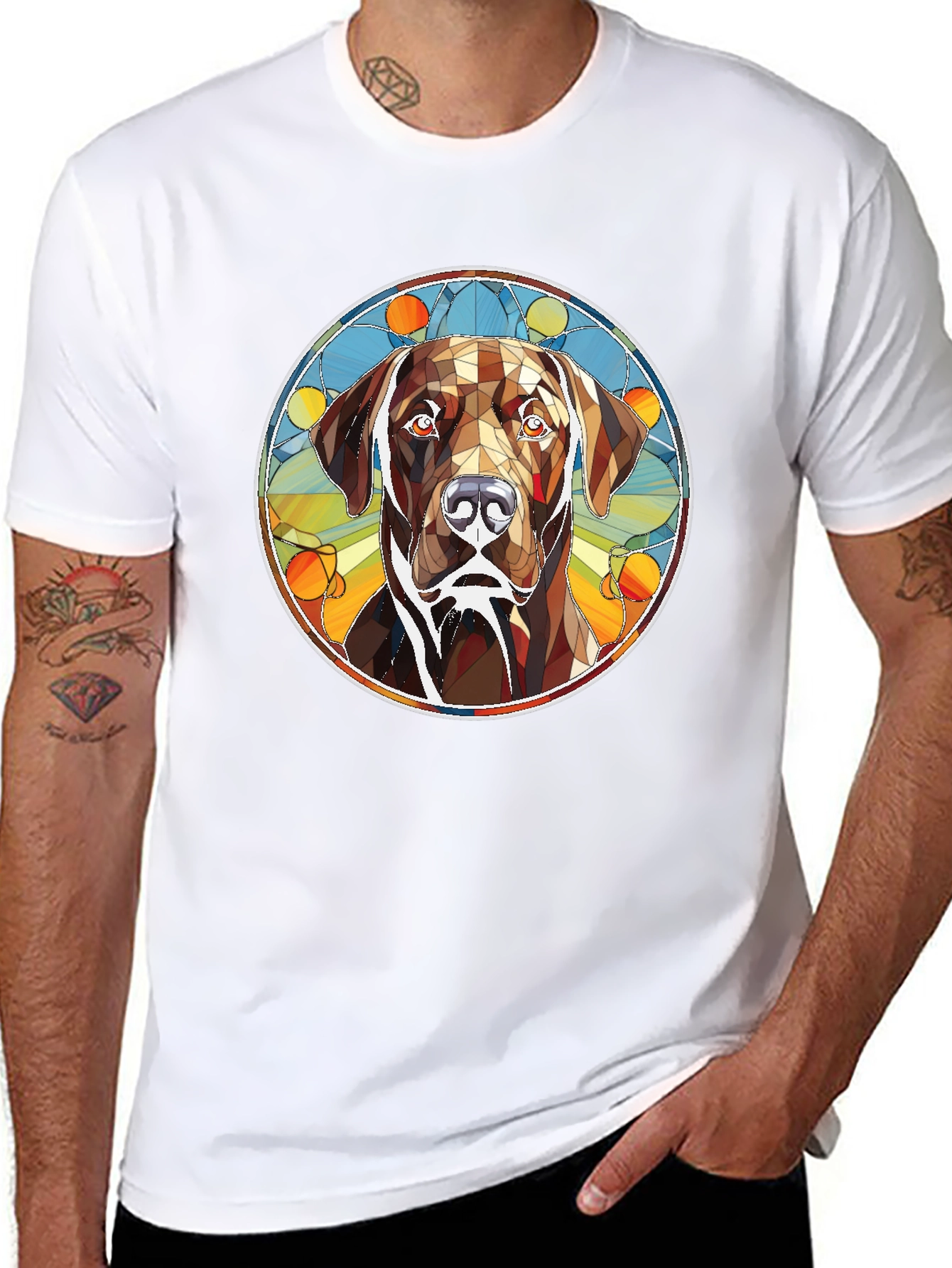 Dog Stained Glass Graphic Tee - Artistic Canine T-Shirt