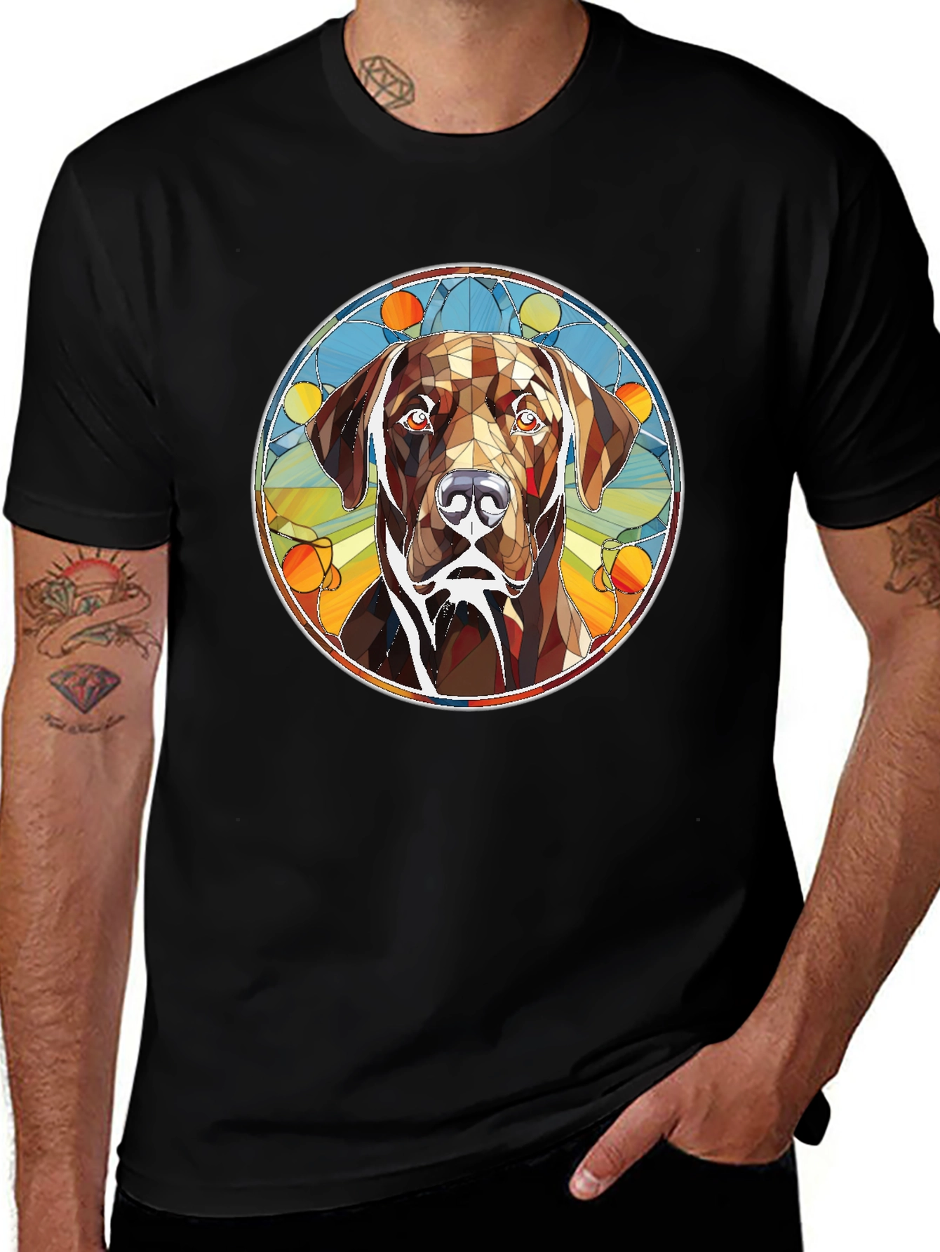 Dog Stained Glass Graphic Tee - Artistic Canine T-Shirt