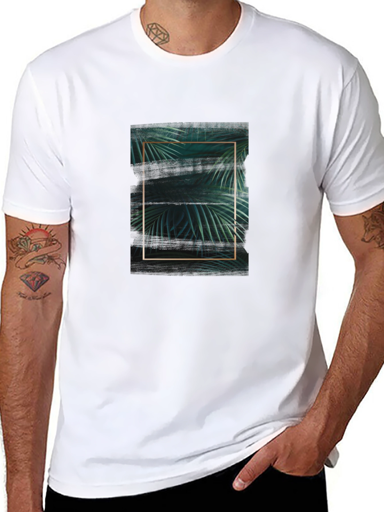 Stylish Black Tee with Tropical Leaf Graphic