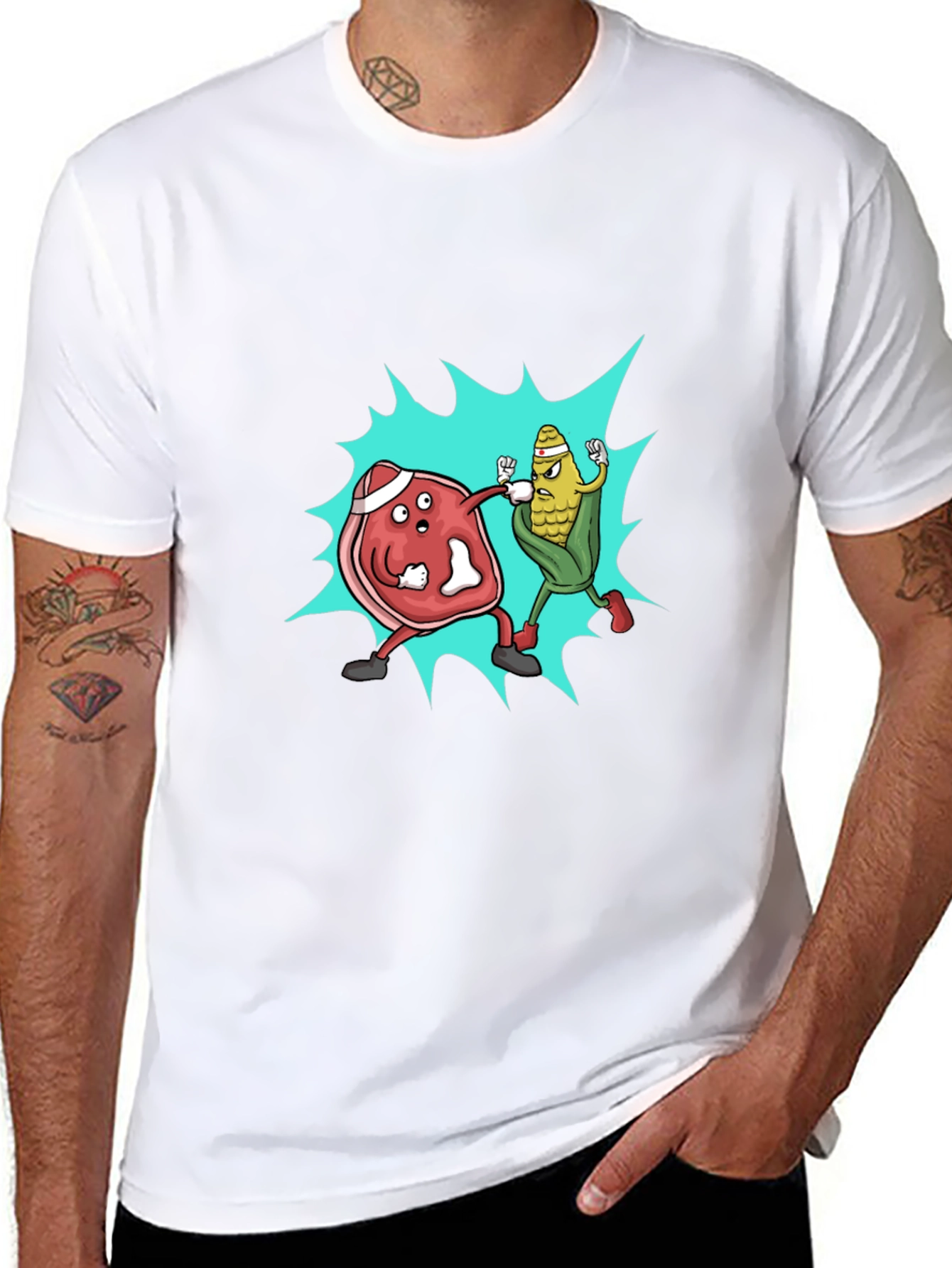 Meat vs. Corn Cartoon Black T-Shirt