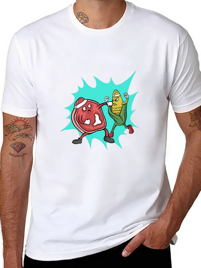 Meat vs. Corn Cartoon Black T-Shirt