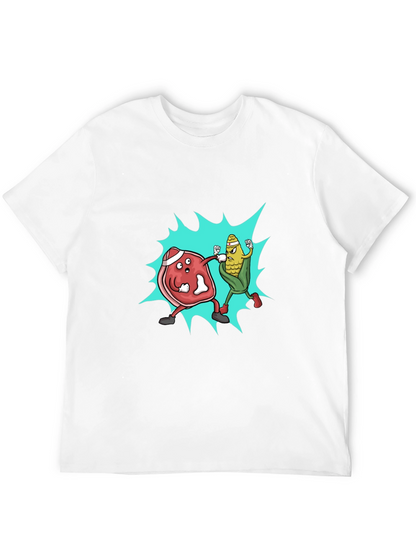Meat vs. Corn Cartoon Black T-Shirt
