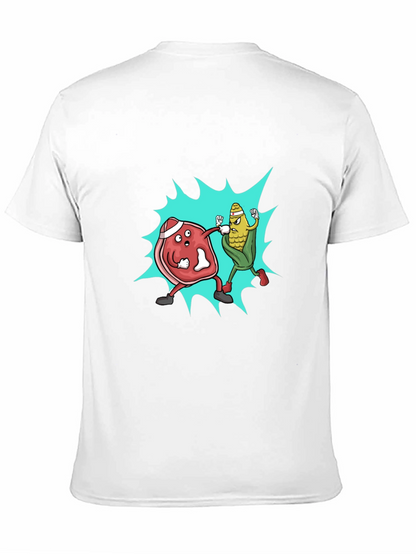 Meat vs. Corn Cartoon Black T-Shirt