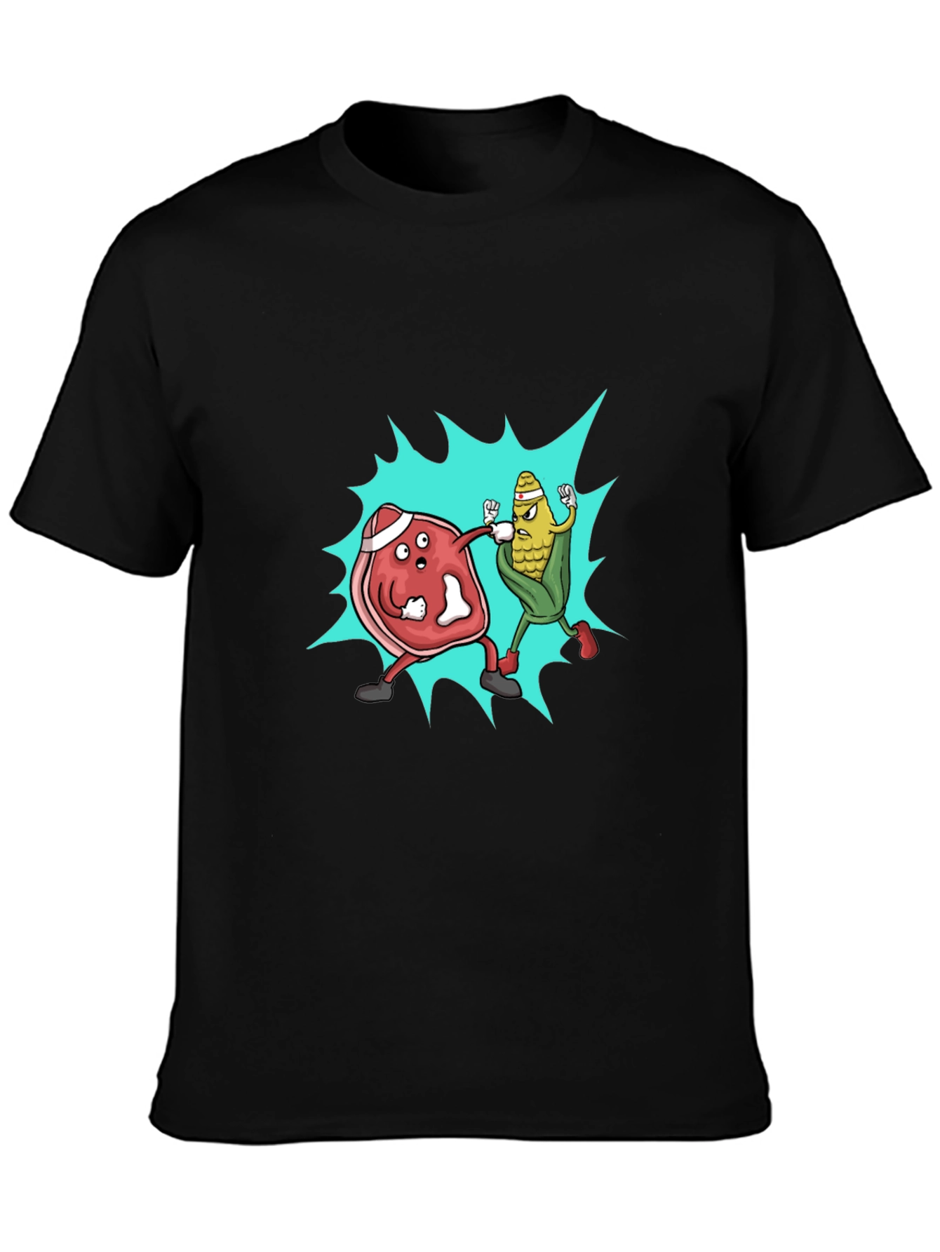 Meat vs. Corn Cartoon Black T-Shirt