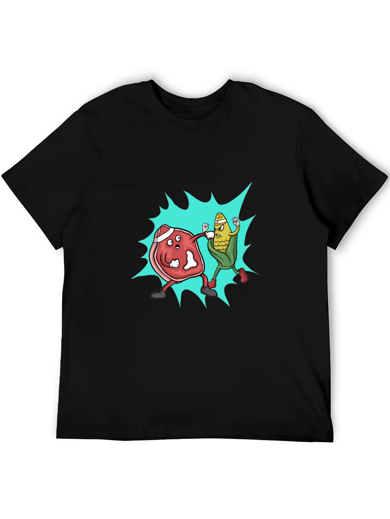 Meat vs. Corn Cartoon Black T-Shirt
