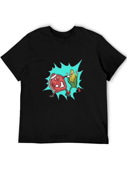 Meat vs. Corn Cartoon Black T-Shirt