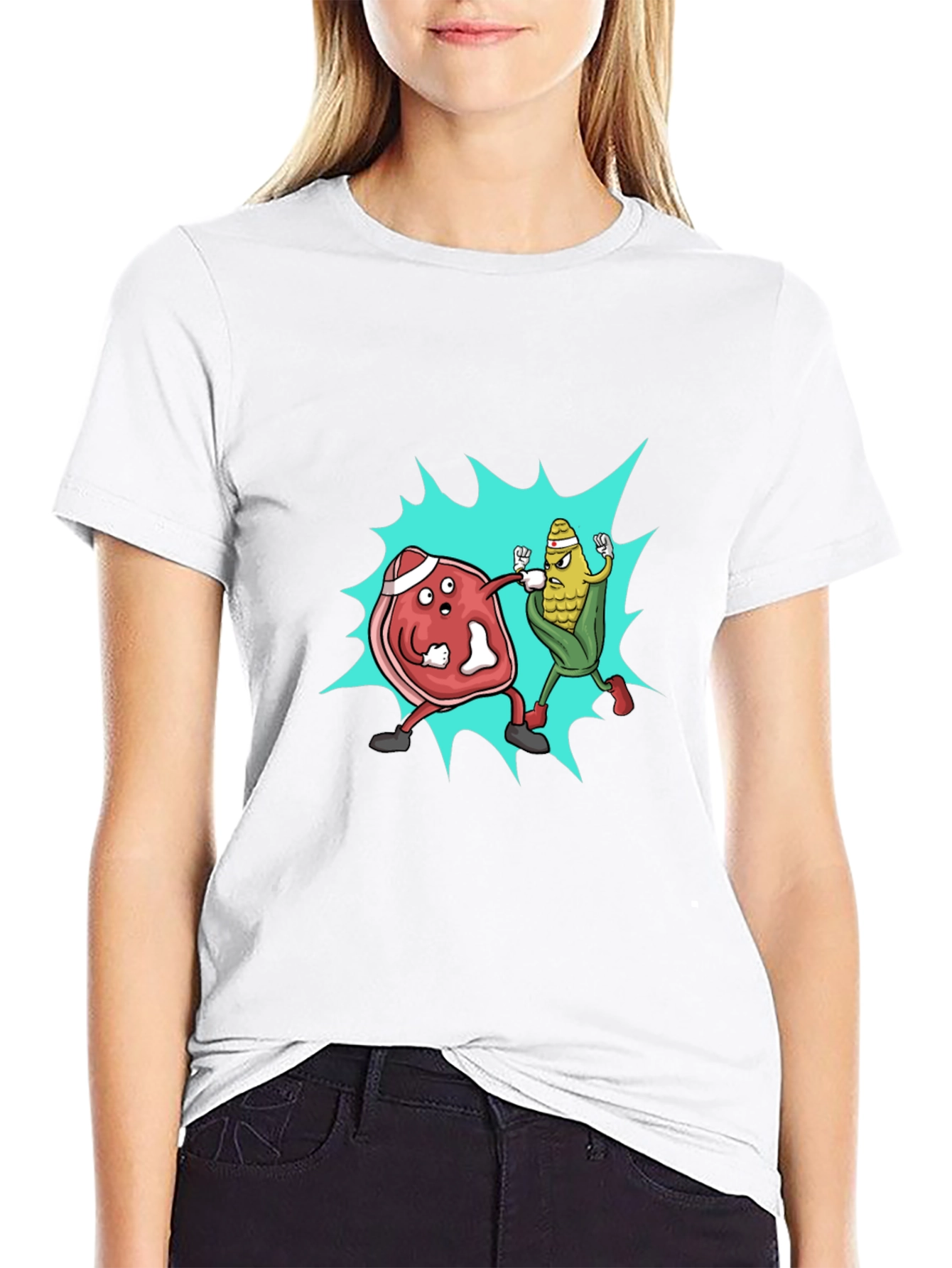 Meat vs. Corn Cartoon Black T-Shirt