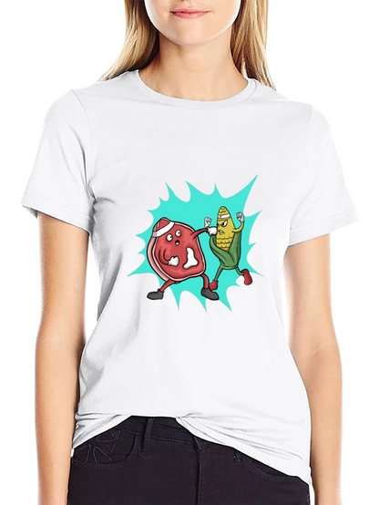 Meat vs. Corn Cartoon Black T-Shirt