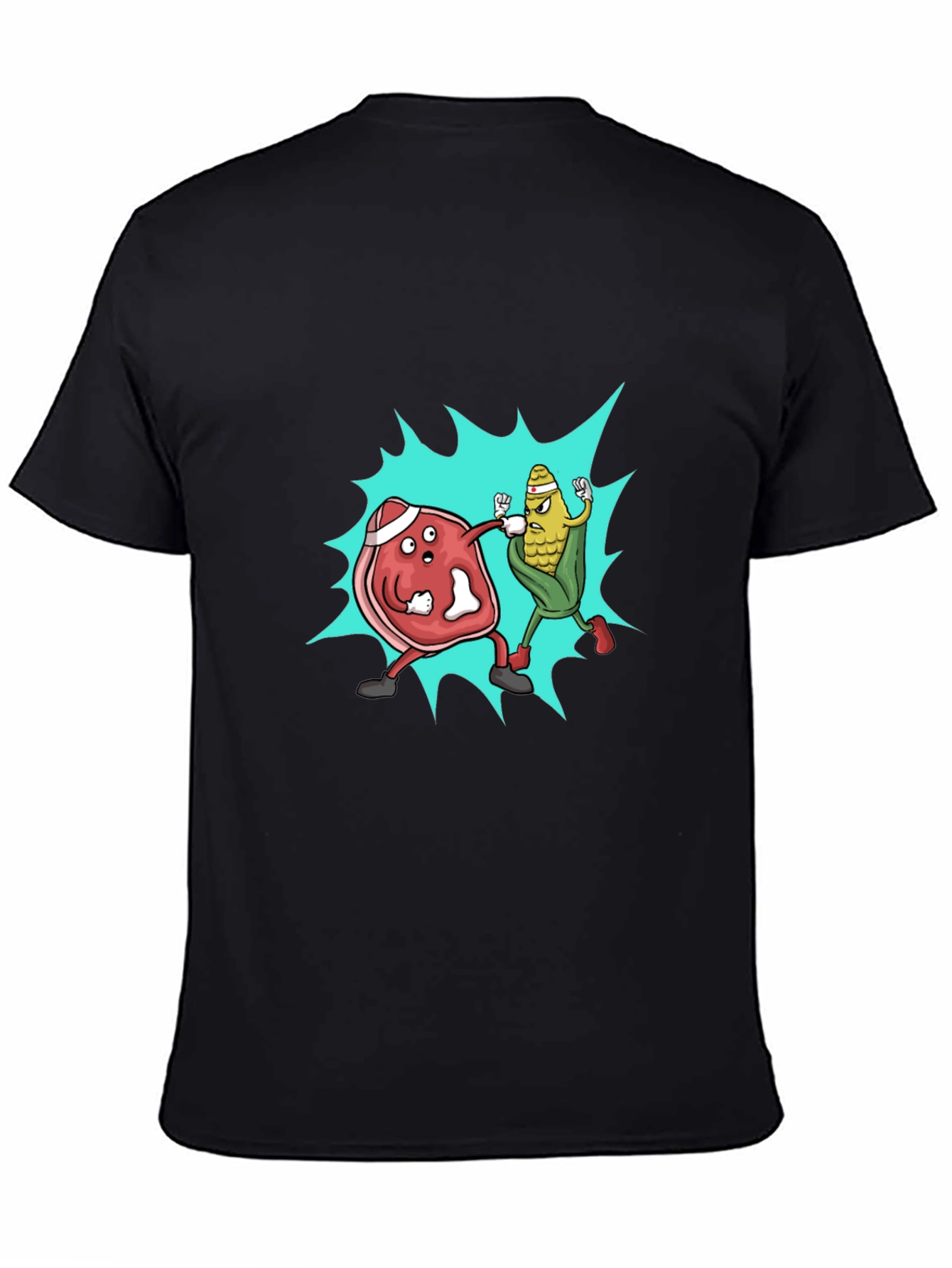 Meat vs. Corn Cartoon Black T-Shirt