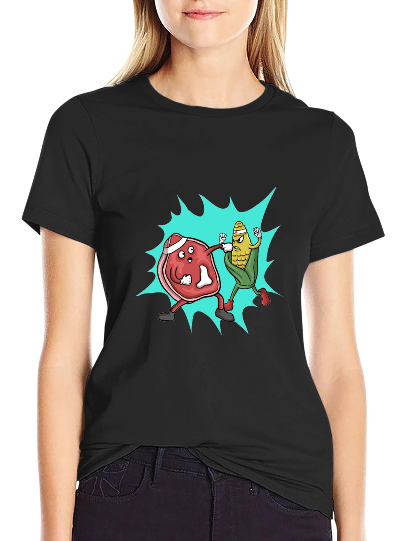 Meat vs. Corn Cartoon Black T-Shirt