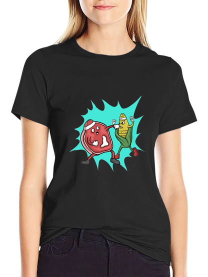 Meat vs. Corn Cartoon Black T-Shirt