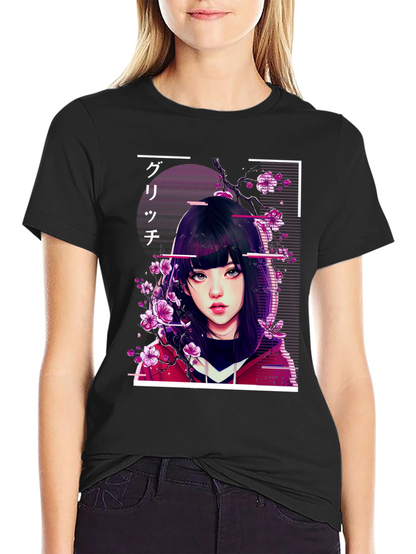Anime Girl Glitch Style Graphic Tee