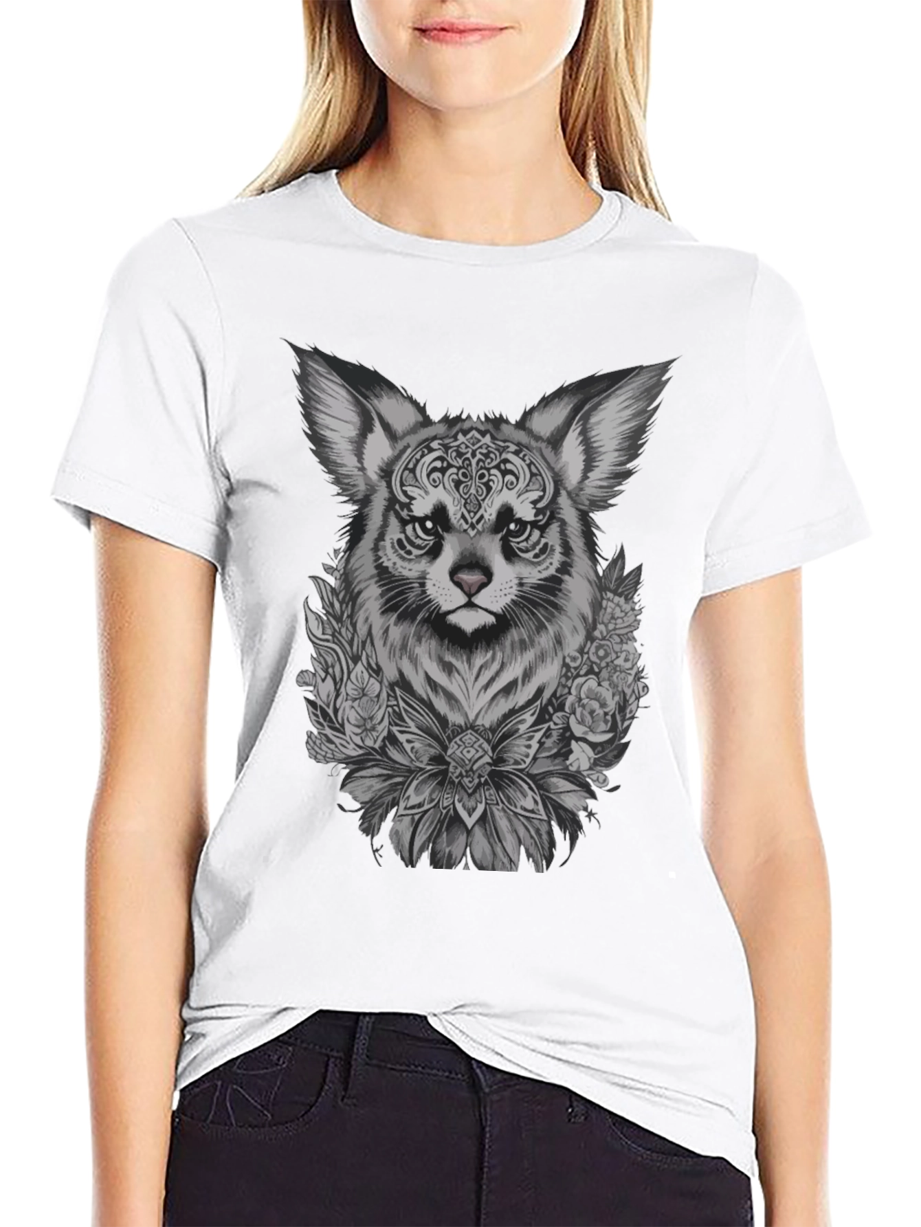 Floral Fox Graphic Tee - Black Unisex T-Shirt