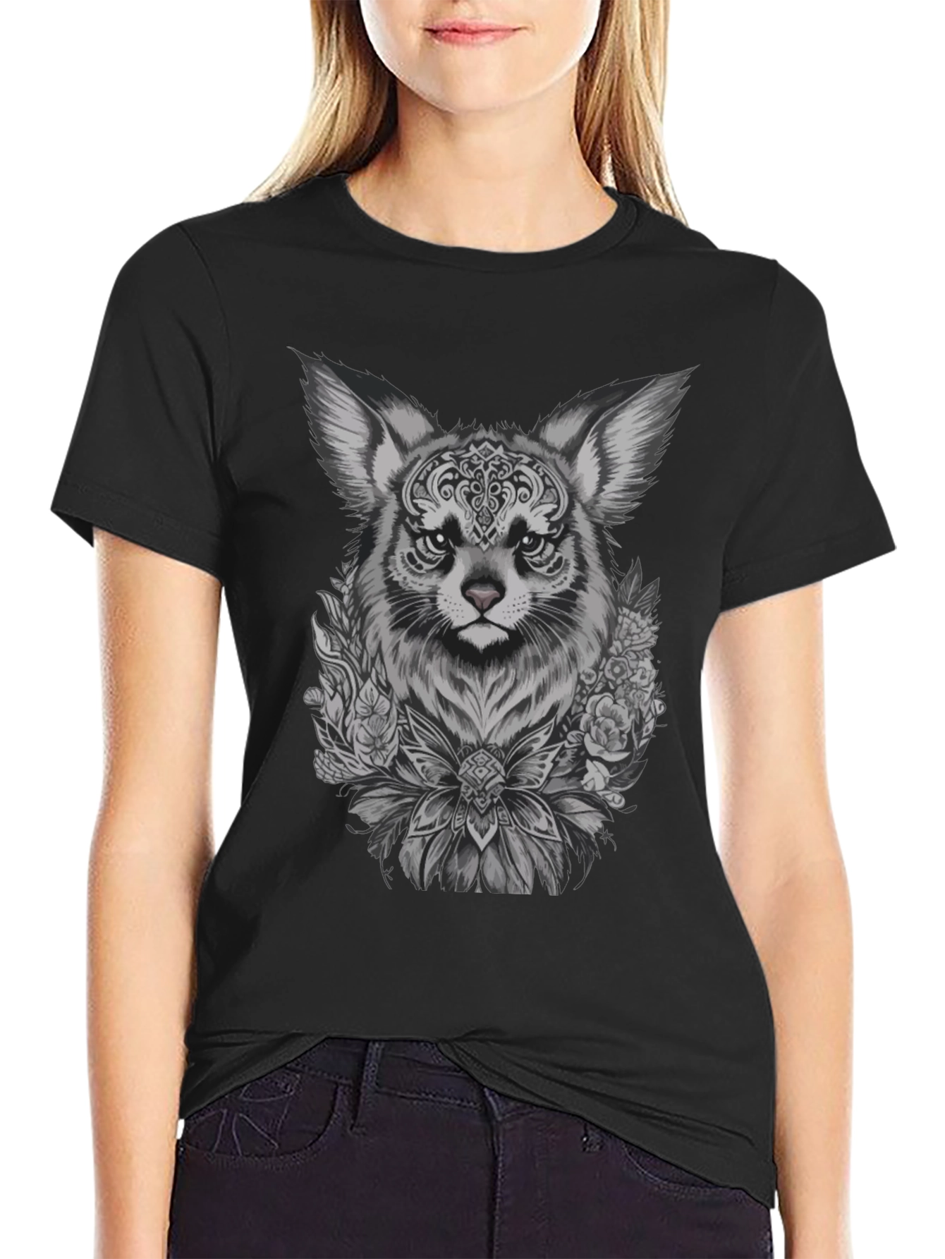 Floral Fox Graphic Tee - Black Unisex T-Shirt