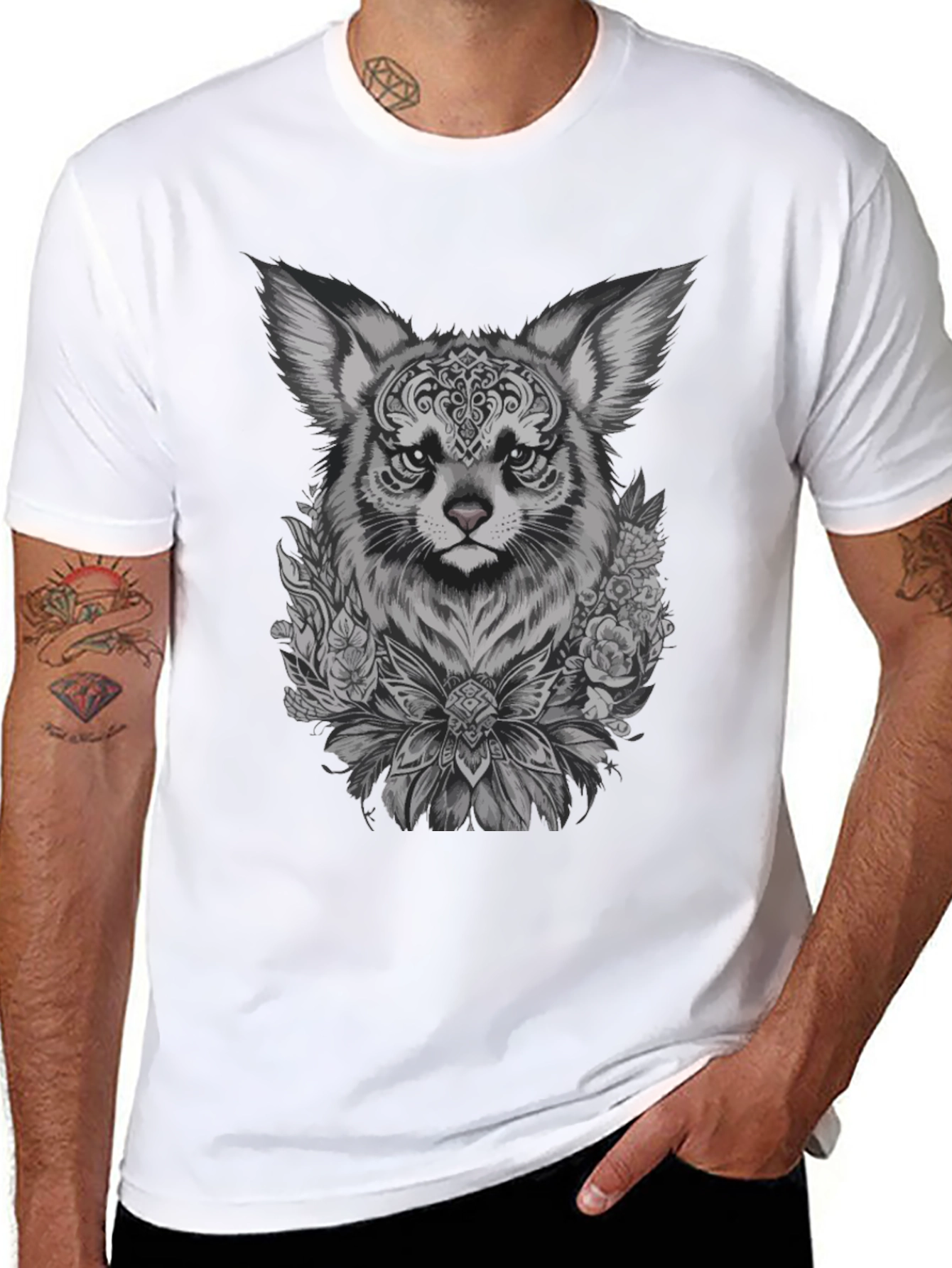 Floral Fox Graphic Tee - Black Unisex T-Shirt