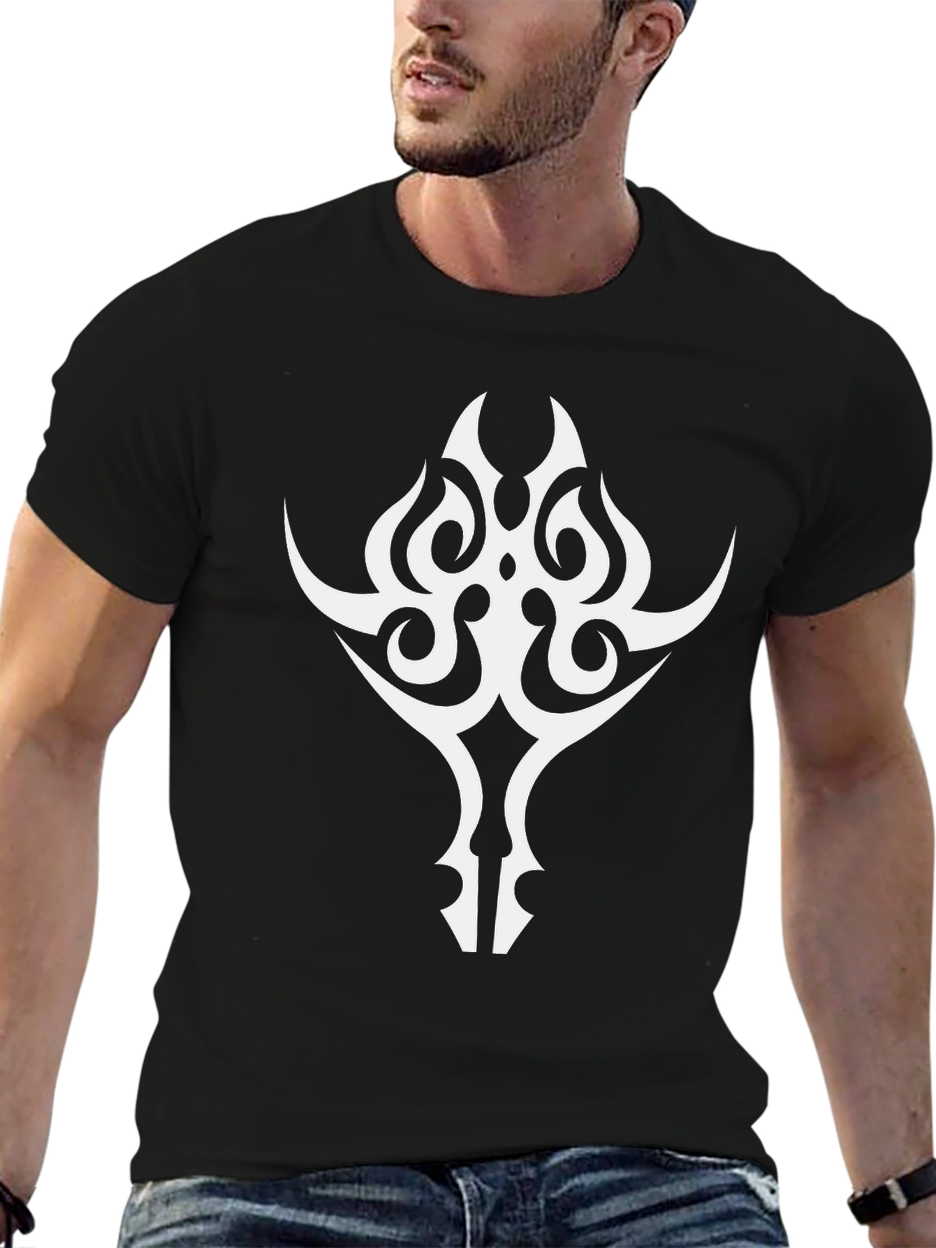 Tribal Graphic Tee - Bold White Design on Black