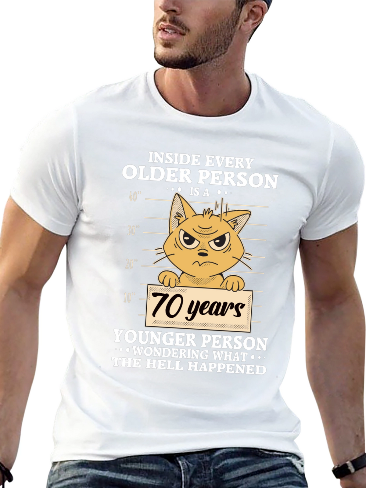 Funny Older Person Cat T-Shirt - 70 Years Younger